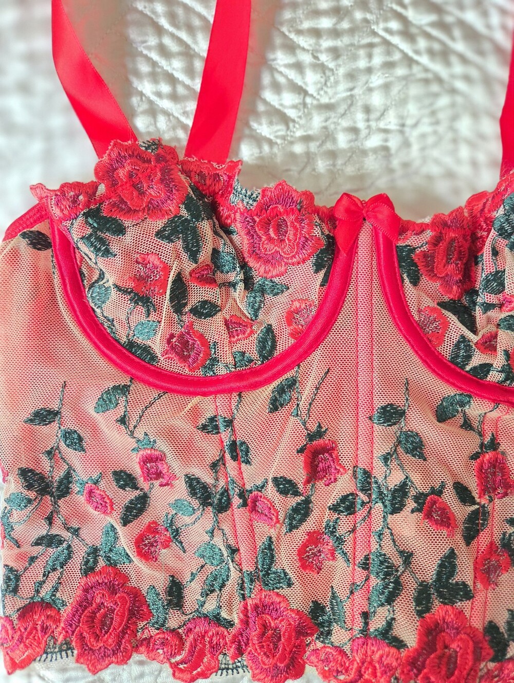Red Rose Embroidered Mesh Tie-Shoulder Corset Crop Top Size S - Picture 4 of 10